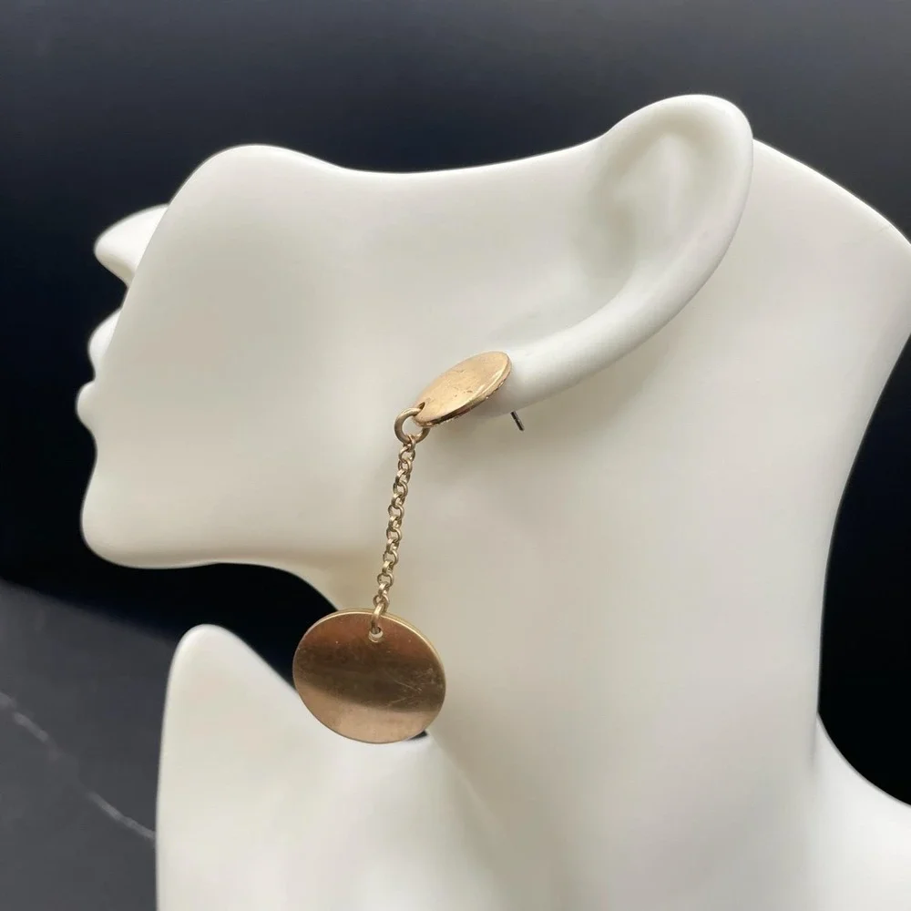 Contemporary Gold-Tone Classic Round Link Chain Double Disc Drop Dangle Earrings